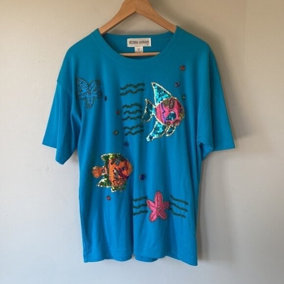 Vintage embroidered bedazzled, retro fish, T-shirt top - Picture 1 of 7